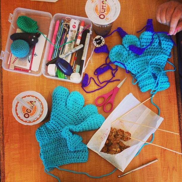 knits for life yarnbombing in progress