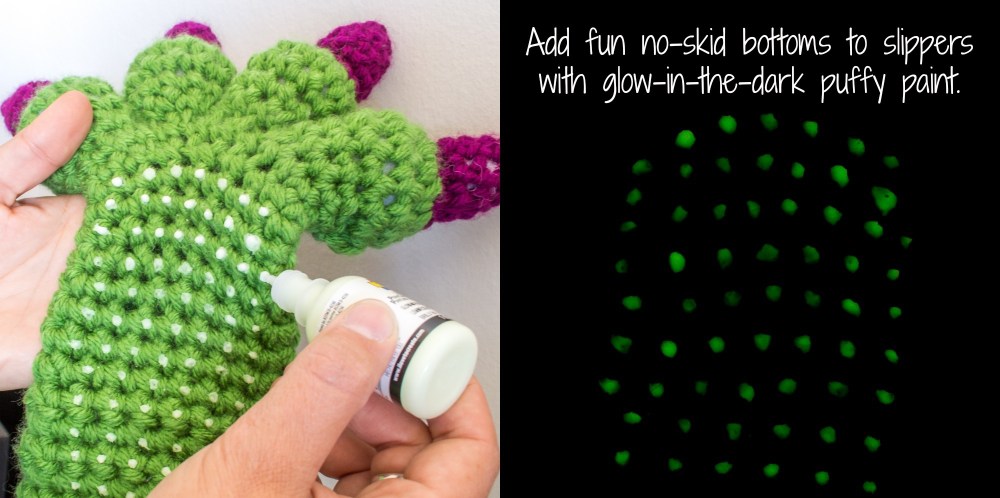 Monster Slippers Crochet Pattern anti-skid slipper bottoms with puffy paint