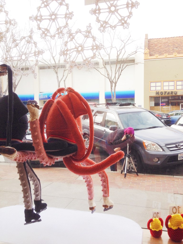 knit and crochet winter olympics window display