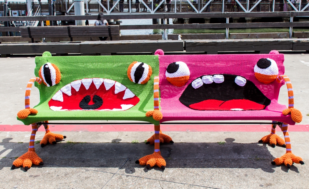 Buttmunch yarnbomb Monster benches san francisco ferry building