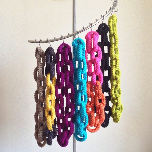 Crochet Chain Link Scarves on rack