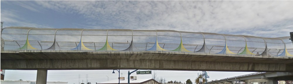 Oakland Coliseum BART pedestrian bridge string art yarn bomb sketch