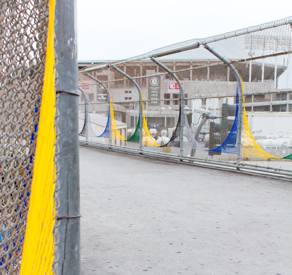 Oakland Coliseum String Art Yarn Bomb