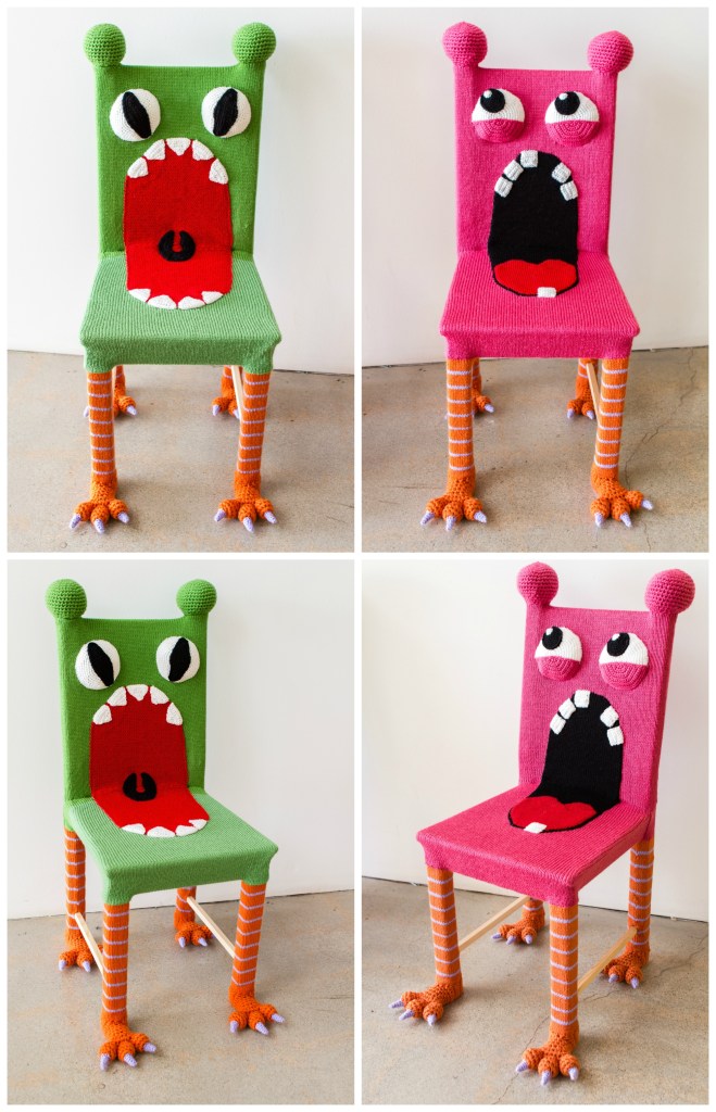Yarn bombed monster chairs knit chairs knit bomb