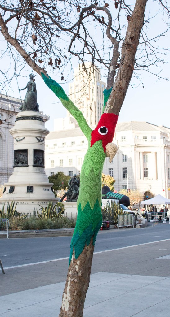 knitting the commons parrot yarnbomb san francisco by knits for life