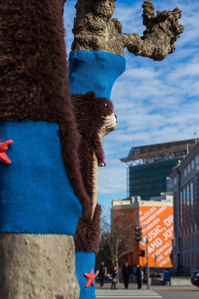 Sea Otter Tree Yarn Bomb by Knits for Life for Knitting the Commons in San Francisco Civic Center