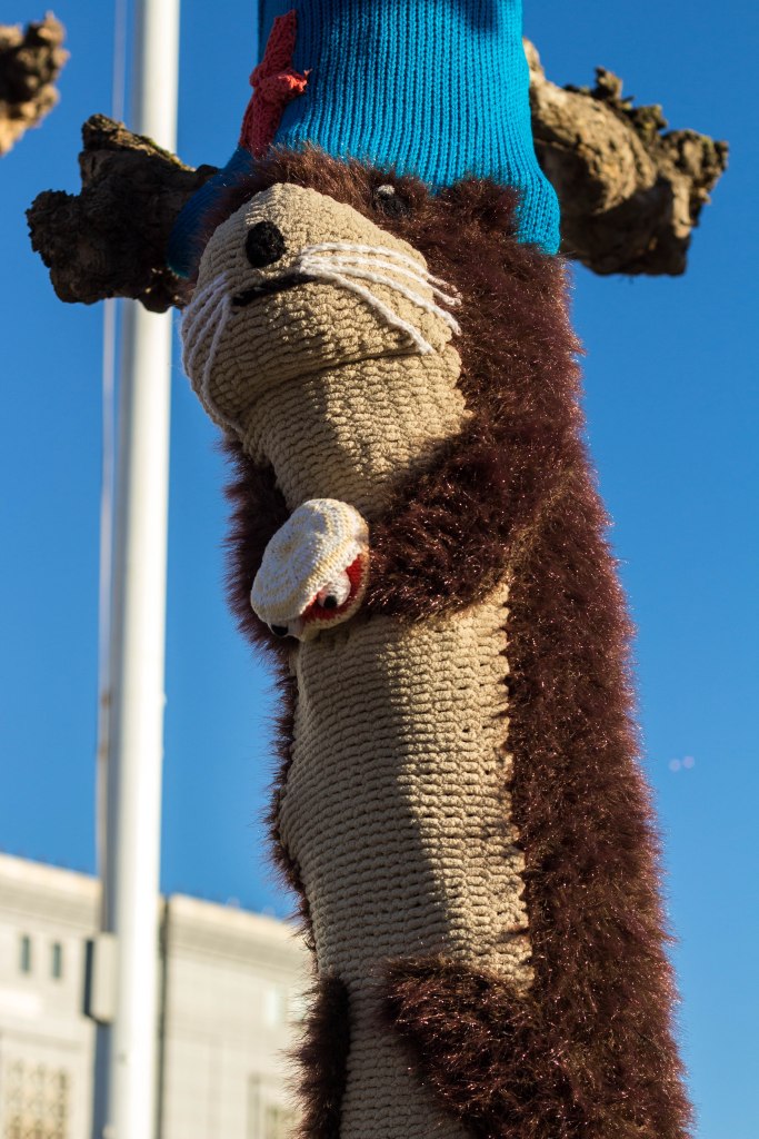 Sea Otter Tree Yarn Bomb by Knits for Life for Knitting the Commons in San Francisco Civic Center