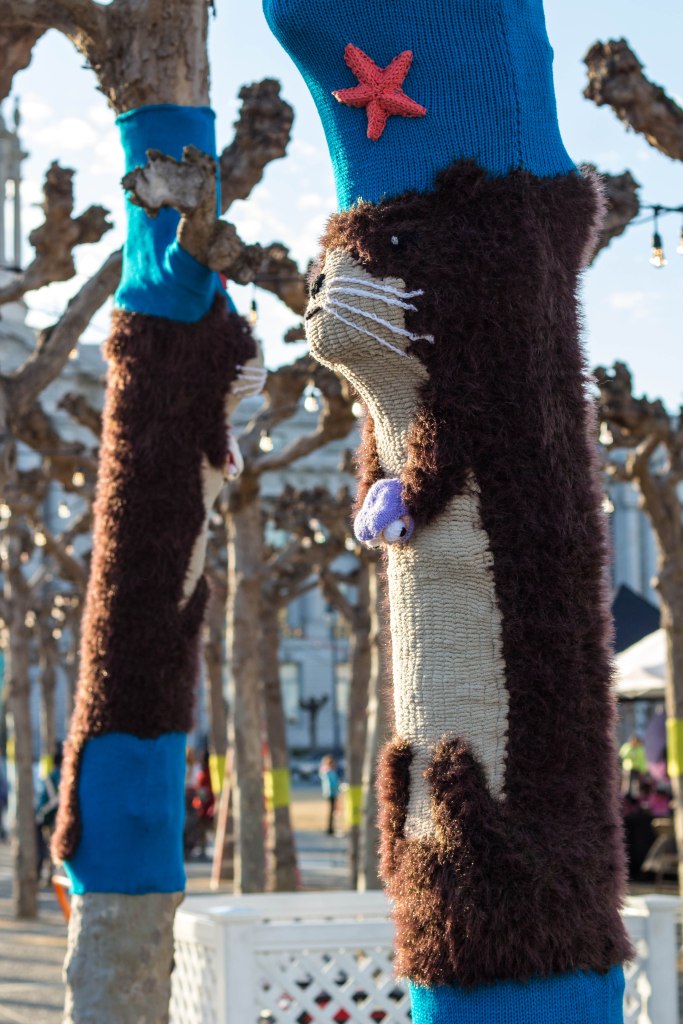 Sea Otter Tree Yarn Bomb by Knits for Life for Knitting the Commons in San Francisco Civic Center