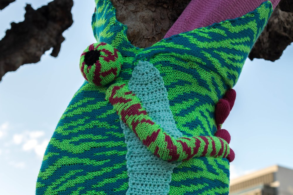 Chameleon Tree Yarn Bomb by Knits for Life for Knitting the Commons in San Francisco Civic Center