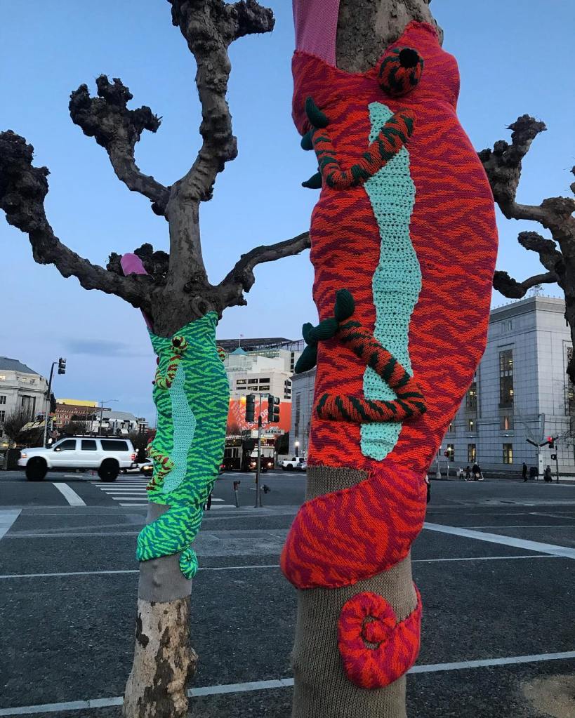 Chameleon Tree Yarn Bomb by Knits for Life for Knitting the Commons in San Francisco Civic Center