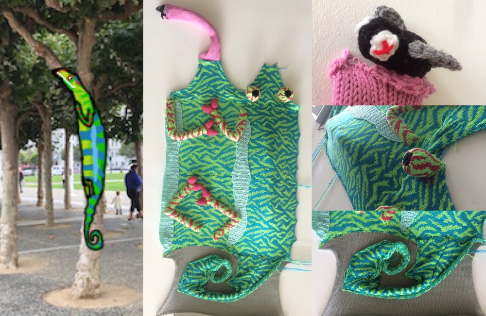 Chameleon Tree Yarn Bomb by Knits for Life for Knitting the Commons in San Francisco Civic Center